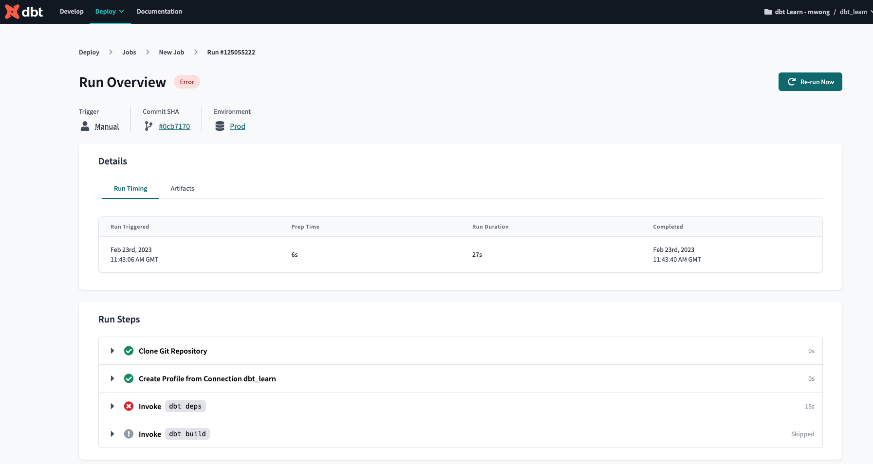 A failed job that had an error during the dbt deps run step. A failed job that had an error during the dbt deps run step.